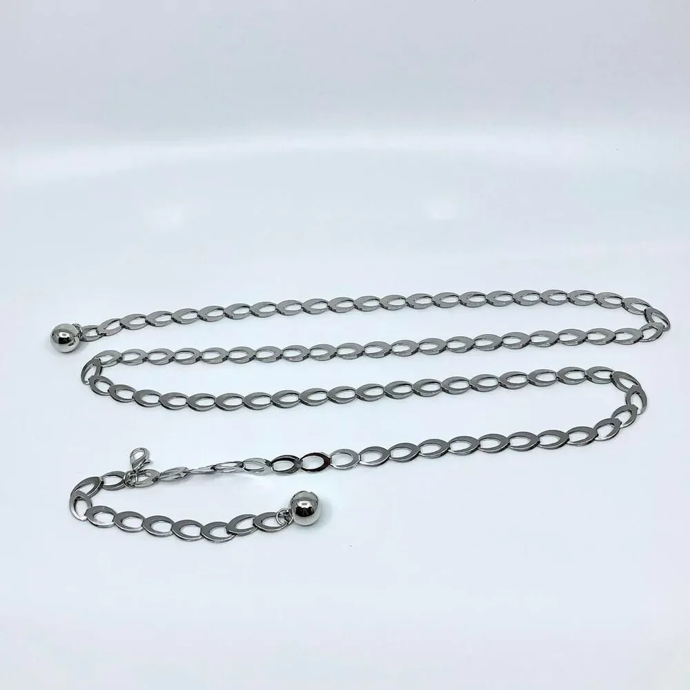 Cyber Liquid Chrome Silver Oval Link Chain Belt, Fits Up to 42 Inches, X7GA1159